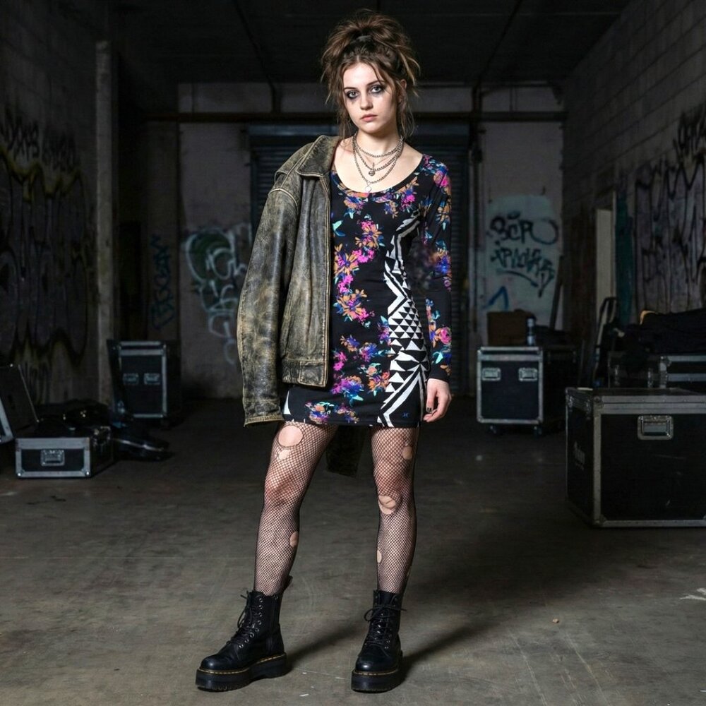 NWT Hurley Carmine Bodycon Dress M Black Floral Geometric Indie Sleaze Grunge